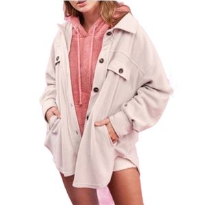 Beige soft fleece button up shirt jacket